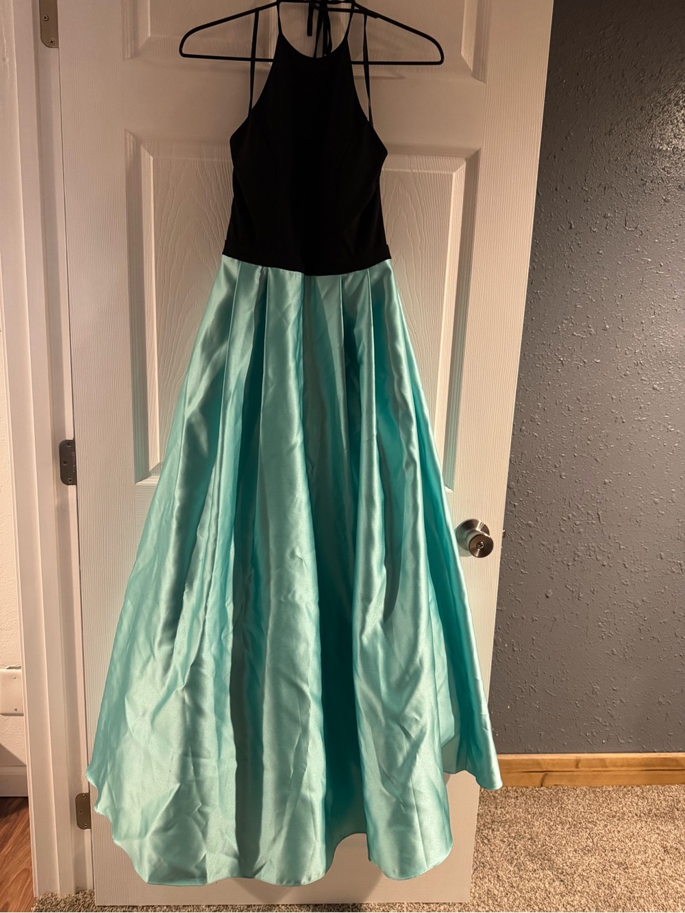 Blondie Nites Black Halter Bodice with Aqua Satin Full Skirt
